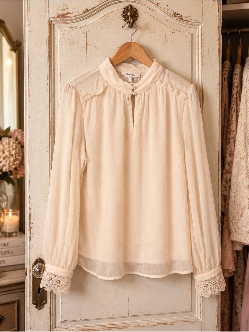 Haver & Blair Cream Chiffon Blouse M Pearl Buttons Lace Cuffs Romantic